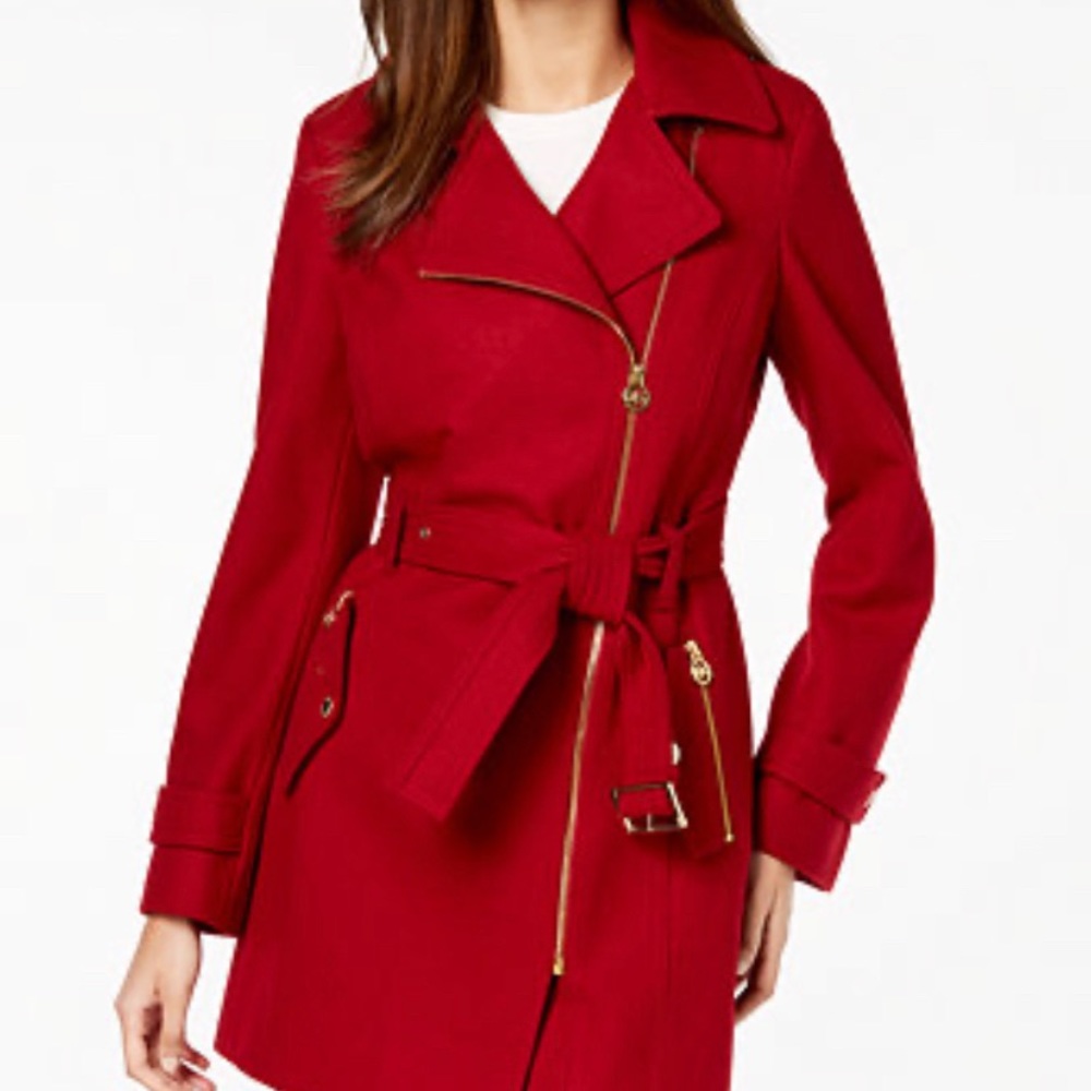 Michael Kors Red ASYMMETRICAL BELTED
WOOL BLEND COAT